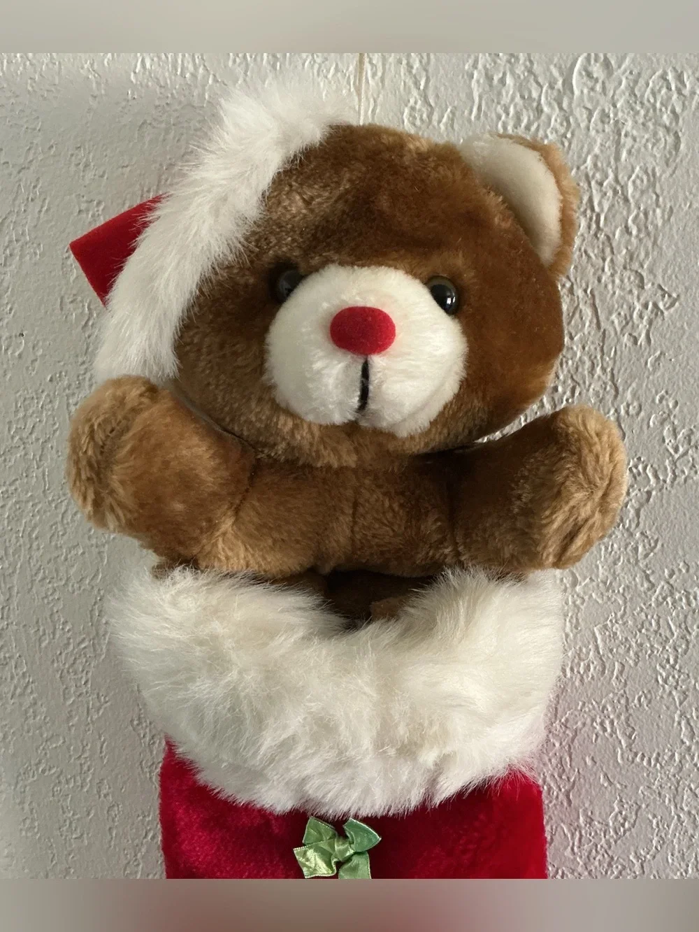 Vintage Teddy Bear Plush Christmas Stocking with Red Nose by Romeris Luvable